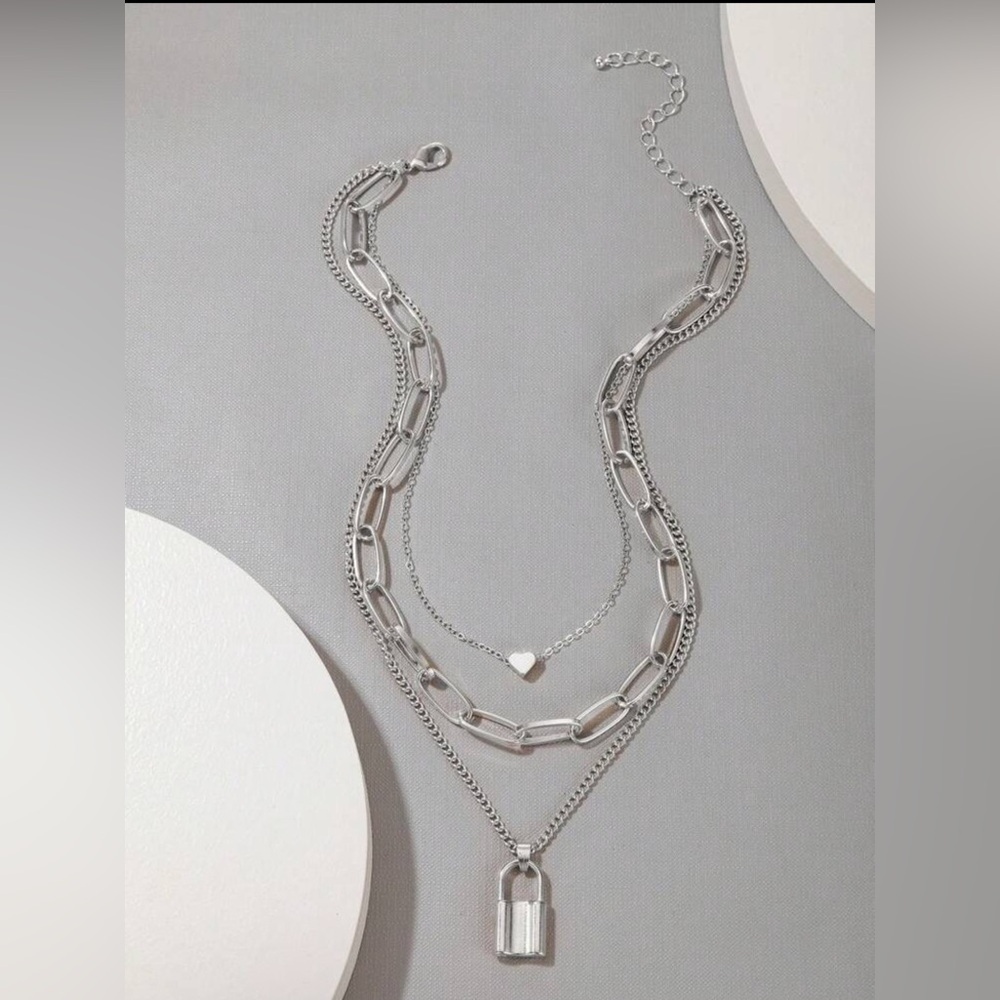 Silver Layered Padlock & Heart Charm Necklace – Chunky Chain Choker 3/$30